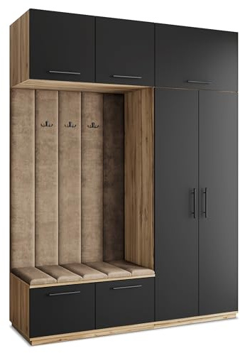 Masseno Flugarderoben Set Rema, Kleiderschrank-Set mit Sitzbank, Garderobenschrank Flur mit 5 Regalböden, Eiche Wotan/Schwarz