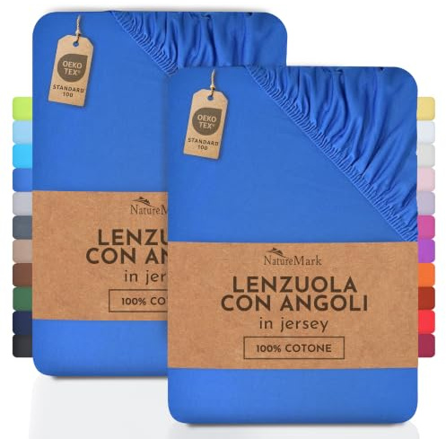 NatureMark Lenzuolo matrimoniale in jersey in confezione da 2 pezzi, lenzuolo matrimoniale 100% cotone QUALITÀ DEL ÖKOTEX Standard 100, 180 x 200 cm - 200 x 200 cm, Blu reale