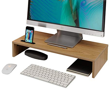 Ttap Oak Wood Monitor Stand / TV Desk Stand / PC Monitor Riser / Desk Organiser with Smart Phone Holder / 54cm L x 24.5cm D x 10.4cm H
