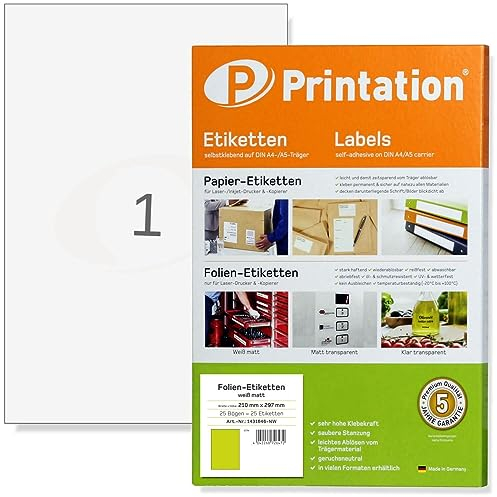 Printation 210 x 297 mm weiße Etiketten wasserfest selbstklebend weiß auf DIN A4 Bogen - 1 Etikett pro A4 Bogen - 25 Folienetiketten/Klebeetiketten zum bedrucken mit Laser Drucker - Etiketten A4