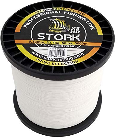 Stork HDx8, 8-Fach geflochtene Premium Angelschnur 3000m (Weiß, 50 lbs / 22.7 kg / 0.33 mm)