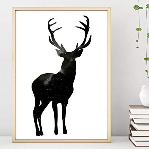 Din A4 Kunstdruck ungerahmt Hirsch Deer Geweih Nachthimmel Sterne Aquarell Wasserfarbe schwarz Geschenk Druck Poster Deko Bild