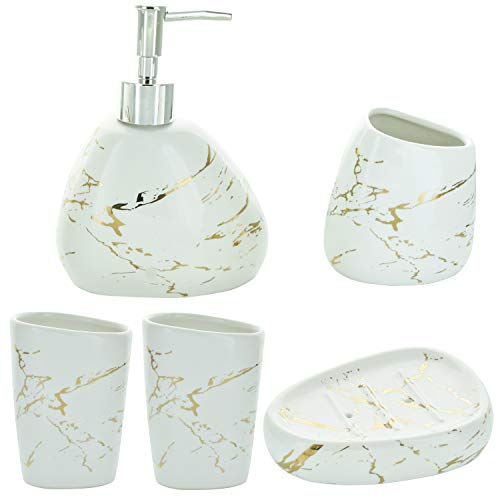G Decor Lot de 4 Accessoires de Salle de Bain Design en céramique Effet marbre Blanc Mat et Argent, Comprend Un Distributeur de Savon Liquide ou de Lotion, Un Porte-Brosse à Dents, Un gobelet, Un