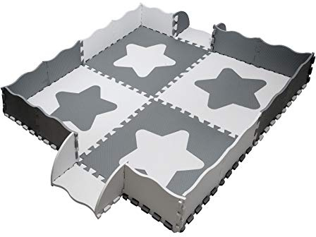 Puzzlematte Baby; Large Sterne Eva, mit Rändern; 24 Stück; Extra große Fliese - 61,5 cm x 61,5 cm; Extra Dick-1,2 cm - Puzzlematte Baby, Puzzelmatten für Babys, Spielmatte Puzzle, Graue und weiße