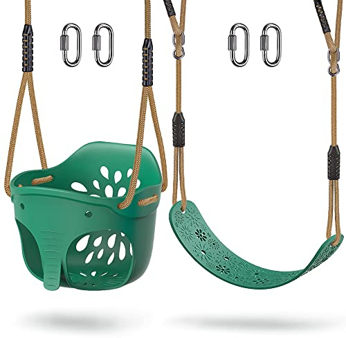 Dolibest 2pcs Balancoire Extérieur, Siège Balançoire Arbre Interieur Dossier Complet Soutien Souple Corde réglable 1,3-2m avec Mousqueton Enfants Adolescents Jeunes, d'éléphant et Fleur Jusqu'à 272kg