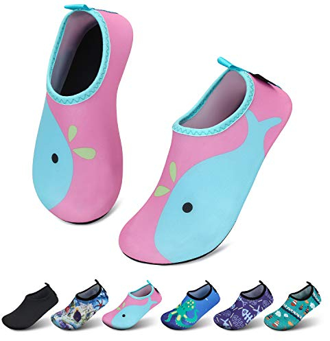 SAGUARO Mädchen Badeschuhe Kinder Aquaschuhe Jungen Schnell Trocknend Strandschuhe Atmungsaktiv Wasserschuhe Surf Yoga Neoprenschuhe,Pink Delfine,Gr.24/25 EU