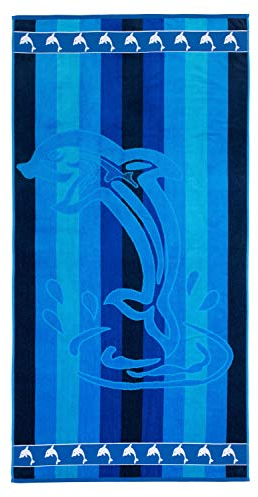 Gözze - Strandtuch, Delphin Design mit Motiven, 100% Baumwolle, 90 x 180 cm - Blau