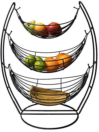 VR7 New 3 Tiers Fruit basket holder with counter-tops black metal hanging storage vegetable racks stand (3 Tier, Black)