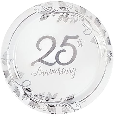 Amscan 542502 25th Anniversary Silver Foil Stamped Party Plates | Disposable | White | 8 Pcs