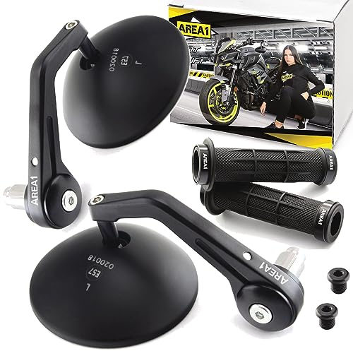 Area1 Styling Set - Motorrad Lenkerenden Spiegel Set e-geprüft + Gewindeabdeckung + Lenkergriffe. Kompatibel mit Mondial LSRS4