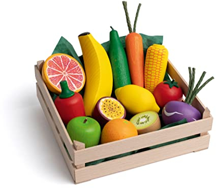 Erzi 28219 Sortiment Obst und Gemüse XL aus Holz, Kaufladenartikel für Kinder, Rollenspiele