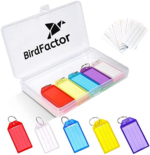 BirdFactor 25 Pack Heavy Duty Key Tags with Labels - 5 Colours, Plastic Box with Extra Paper Labels, Keyrings & Key Fobs with Split Rings for Keys, Pets, Luggage & Memory Stick Tags