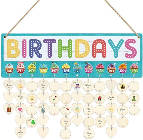 CHDITB Niedliches Geburtstags-Erinnerungs-Kalenderbrett (40.6x12.7 cm), DIY-Geburtstagsgeschenk für Kinder, Freunde, Studenten, Plakette, Wandbehang mit 100 Herz-/Kreis-Anhängern