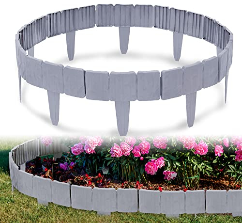 LARS360 Rasenkante Kunststoff 2,5m Beeteinfassung Steinoptik Gartenumrandung Palisade Beeteinfassung Gartenzaun Gartendeko 1 Element (L x H): 25 cm x 23 cm Grau