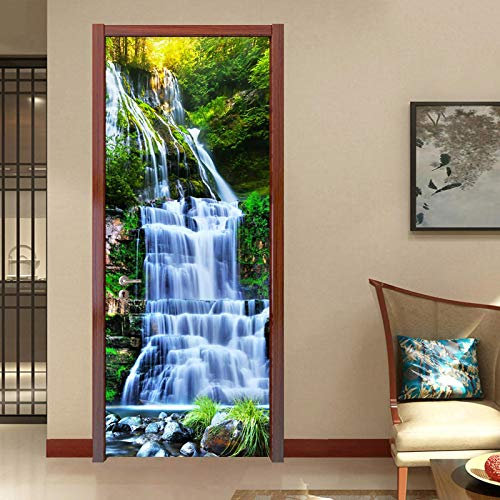ZCFGG Sticker Porte Poster Trompe l'oeil Cascade rochers 95 x 215cm 3D Stickers Porte Interieure Trompe l'oeil Poster Mural Effet Décoration