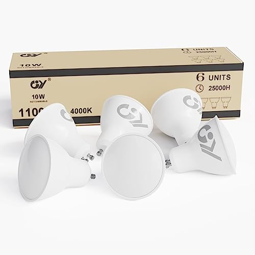 GY 6 bombillas LED GU10, 10 vatios (equivalente a 100 vatios), 1100 lúmenes, 4000K blanco neutro, se pueden usar para iluminación de inundación amplia integrada, listada en CE, No regulable