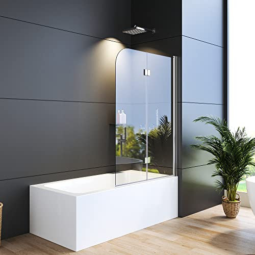 WDWRITTI Duschwand für Badewanne 100 x 140 cm Faltbar 2-teilig, Duschtrennwand aus 6mm ESG Sicherheitsglas mit Nano Beschichtung, Duschabtrennung für Badewanne