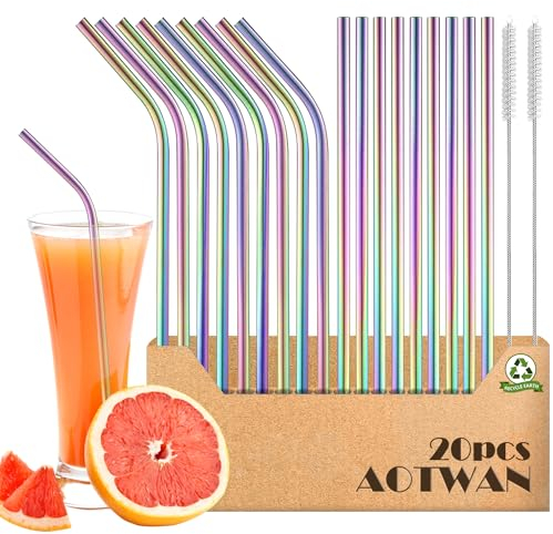 AOTWAN Strohhalme Edelstahl Trinkhalme Edelstahl Bunt Metall Strohhalm Wiederverwendbar 20 Stück Enthalten 9 Gerade +9 Gebogen +2 Reinigungsbürsten Edelstahl Strohhalm für Cocktails, Smoothie