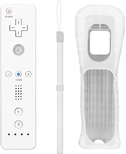 Aukuoy Télécommande pour Nintendo Wii/Wii U, contrôleur de détecteur de mouvement sans fil pour console Nintendo Wii, avec étui en silicone et dragonne (blanc)