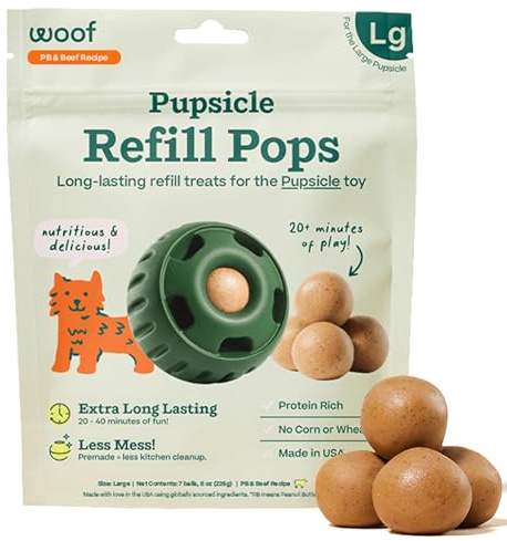 WOOF Pupsicle Refill Pops - Low-Mess Dog Snacks - with Peanut Butter and Beef - Dog Treats - Long Lasting - Large Pops - 7 Count