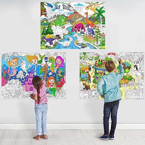 Großes Malposter für Kinder, riesiges Malposter mit Dinasour, Meerjungfrau, Zoo-Tier für Aktivitäten im Unterricht, Gastgeschenke (110 x 80 cm), 3 Stück