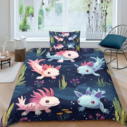 CULPRT Bettwäsche Set Axolotl,Kinder Jungen Jugendliche 3D Niedlich Kinderbettwäsche Weiche Bettbezug Und Kissenbezug Mit Reißverschluss 2 Teiliges Single(135x200cm)