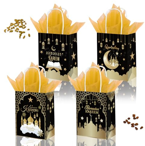 GAROMIA Ramadan Geschenktüten 12 Stück Ramadan Tüten mit Griff Eid Mubarak Geschenkbeutel mit Seidenpapier Geschenkbeutel Mubarak Tüten Eid Ramadan Candy Tasche für Eid Muslim Ramadan Party Deko
