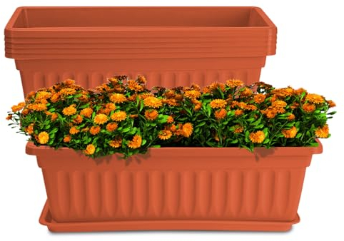 HOXHA 6 Pack 17 Inch Rectangle Plastic Planters with Tray, Rectangular Plant Pots Indoor and Outdoor for Windowsill, Patio, Porch, Garden and Balcony