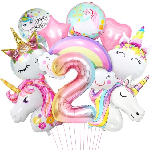 Unicorno Palloncini Decorazioni Compleanno 2 Anni, 3D Palloncini Compleanno Unicorno, Palloncino Foil Arcobaleno, Addobbi per Tema Unicorno Compleanno Bambini Festa