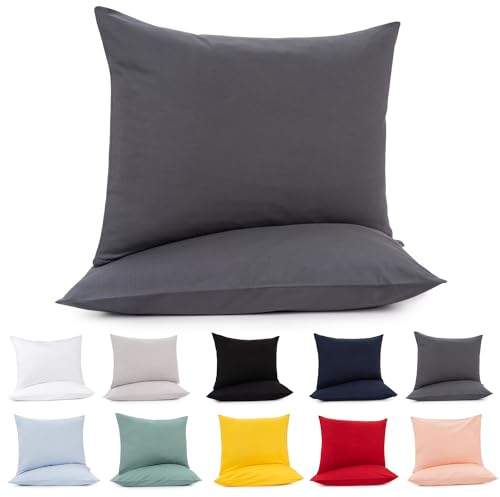 Lotusein Kissenbezug 50x70 cm (2er Set) - Anthrazit - 100% Jersey Baumwolle 175 g/qm Kissenbezüge - Kissenhülle für Kissen mit Reißverschluss - Oeko-Tex Zertifiziert
