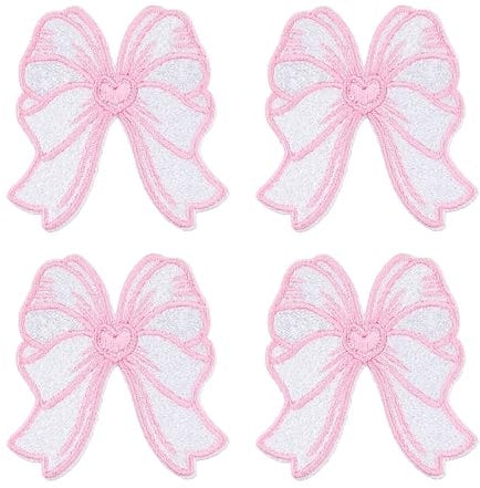 4pcs Bow Patches, Bow Iron on Patches for Clothes Bow Patch Sticker Iron on Patch Embroidery Hot Melt Adhesive Ironing Chenille Patches Sew on Clothing Decorative Pink Patches for DIY Sewing