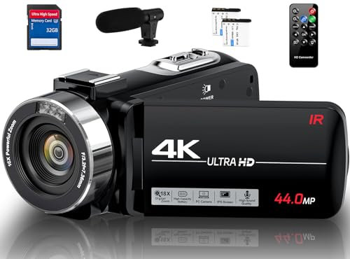 DINGETU Videocámara 4K Ultra 44MP Vlogging Cámara para YouTube 18X Digital Zoom Videocámara 3 pulgadas IPS Grabadora de video con micrófono externo, controlador, 2 baterías y tarjeta SD de 32G