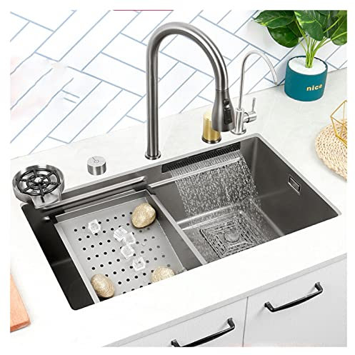 Einzelspüle für die Küche, Einbauspüle oben oder unter der Spüle, Edelstahl-Arbeitsplatzspüle im Landhausstil mit Wasserhahn, Becken-in-Becken, Sieb, Gläserspüler (Farbe: Silber, Größe: 68 x