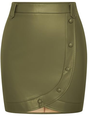 Belle Poque Women Faux Leather Skirt for Evening Gathering Retro Versatile Mini Pencil Skirts with Buttons Yellow-Green 2XL