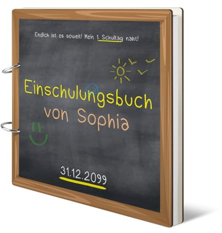 Personalisiertes Gästebuch Schulanfang Einschulung 72 Blatt / 144 blanko Seiten 120g/qm Naturpapier, Ringbindung zum Öffnen, HDF Holzcover mit intensivem UV-Druck Schiefertafel Look 215x215mm