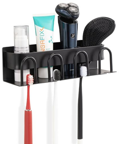 Wall Mounted Toothbrush Holder, No Drilling Wall Mount Toothbrush Holder for Bathroom Wall, Toothbrush Organiser with Cup Holder and Storage Compartment, Toothbrush Holder Wall Mounted