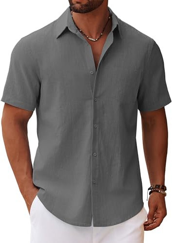 COOFANDY Mens Short Sleeved Shirts Summer Lightweight Linen Shirts Casual Cotton Shirt Beach Holiday Shirt with Breast Pocket Dark Grey L