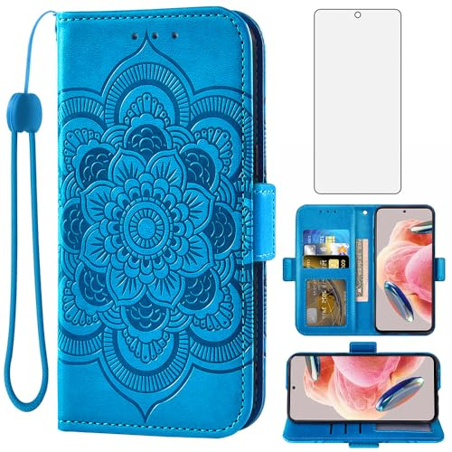 Asuwish Handyhülle für Xiaomi Redmi Note 12 4G Hülle mit Glas Folie Schutzfolie Kartenfach Klappbar Leder Geldbörse Ständer Note12 G4 LTE 23021RAA2Y Handy Hüllen Mandala Schutzhülle Phone Case Blau