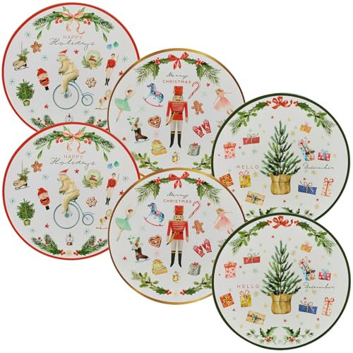 URBNLIVING 33cm Pack of 6 Christmas Charger Plates with Coloured Rim Festive Designs Placemats Tableware Reusable Dining Table Setting for Xmas, Party Celebrations, Restaurant Decor