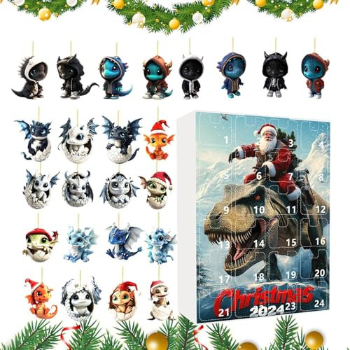 Blue Dragons Adventskalender 2024, 24-Tage Weihnachts Countdown Kalender Mit 24 Teilen Niedlicher 2D Drachen Weihnachtsdekoration Zum Aufhängen, für He-im Weihnachtsdekorationen
