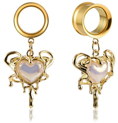DOEARKO Ohr Tunnel 1 Paar Double Flared Flesh Tunnel mit Herz Anhänger Edelstahl Ohr Piercing Schmuck Expander Ohrplugs für Frauen und Männer (Gold, 16MM)