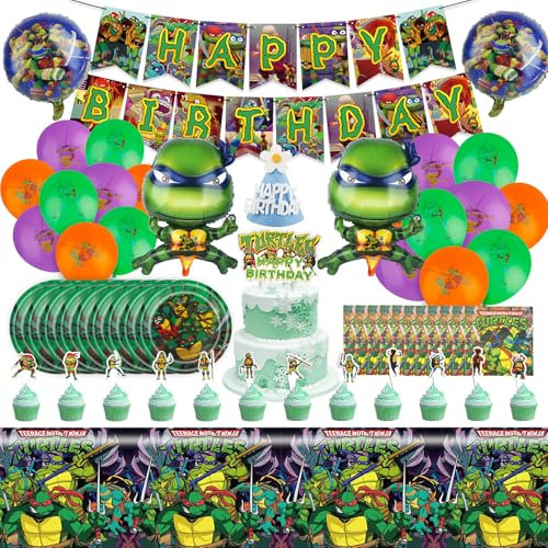 Tur-tles Birthday Party Decorations- 80Pcs Green Happy Birthday Banner Balloons Ninja Tableware Set Cake Topper Decoration Plates Napkins Tablecloths for Cartoon Theme Party Supplies for 10 Guests