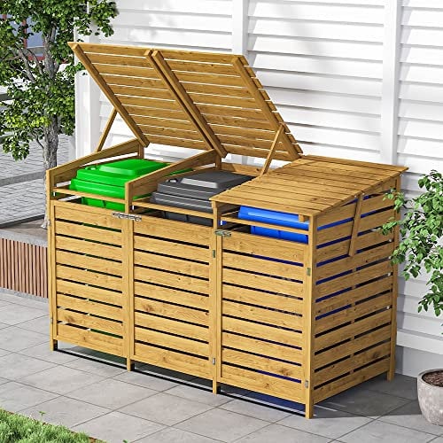 Warmiehomy Wheelie Bin Storage Triple Wheelie Bin Hideaways Outdoor 3 Bins Shed Wooden Wheelie Bins Storage Garden Large Garbage Store 198cm x 86cm x 122cm, Wood