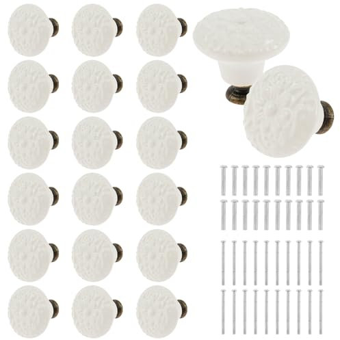 20Pcs Ceramic Pull Knobs Set Vintage Cabinet Knobs Decorative Kitchen Furniture Pull Handle with Screws 3.4cm Round Antique Cupboard Door Dresser Knob for Wardrobe Home Interior Décor(white)