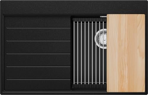 PRIMAGRAN Spülbecken ab 45er Unterschrank + Ablauf-Set, 78x50cm | Set: Ablauf-Set (Siphon, Ablaufgarnitur, Überlauf) + Granitspüle 1 Becken - Sydney Ergo, Schwarz