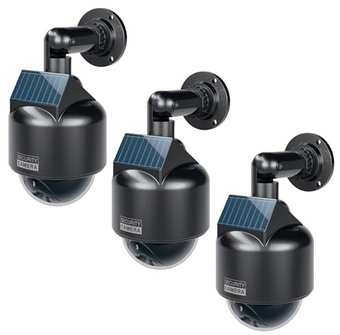 BASI | 3er Set Solar Kamera-Attrappe mit blinkendem LED-Licht | Dome Kamera | Dummy Kamera | Überwachungskamera für Innen- und geschützten Außenbereich | Solar Panel | 360 Grad Halterung | Weiß
