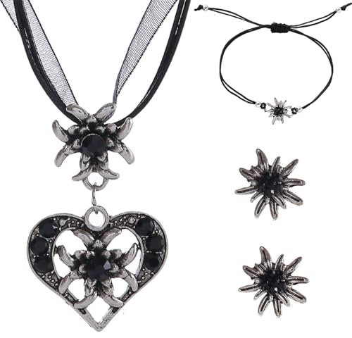 4 Stück Trachtenschmuck Set Bayerisch, Herz Edelweiß Halskette, Ohrstecker für Damen Bierfest Trachten Dirndl Outfit Accessoires und Armband, für Damen Bierfest Trachten Dirndl Schwarz Accessoires