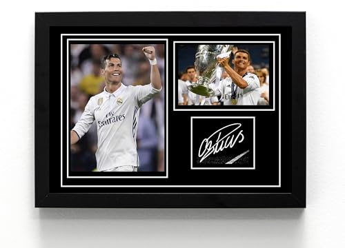 STONE ROSES A5 Framed Cristiano Ronaldo Repro Signed Tribute Wall Art Print, Football Legend, Portuguese, Gift Idea (framed 21 x 16 x 1 cms)