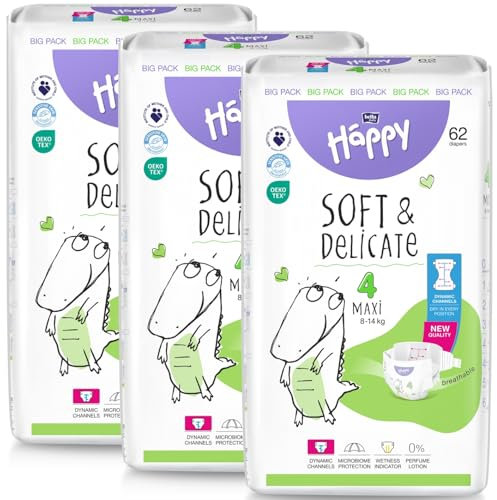 bella baby Happy Windeln Größe 4 Maxi 8-14 kg 186 Stück, DERMATEST & OEKO TEX Siegel, Babywindeln Einweg