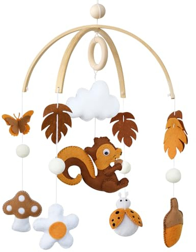 Ueiwffzo Wald Eichhorn Mobile Baby Windspiel Babybett, Baby Mobiles Filz Holz Anhänger Krippe, Hängende Bettglocke Wickeltisch Babybett Anhänger für Babyzimmer